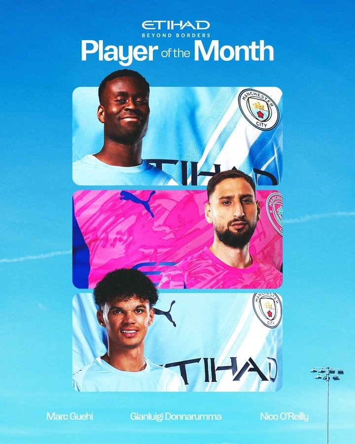 曼城2月队内最佳候选：格伊、多纳鲁马、奥赖利